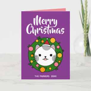 Cartes Pour Fêtes Annuelles Polka Dot Cat Wreath Purple  Joyeux Noël Photo