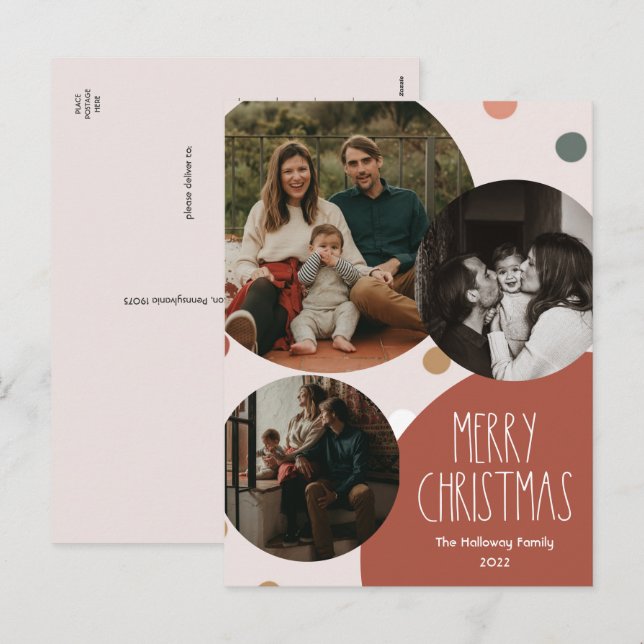 Cartes Pour Fêtes Annuelles Polka rouge Boho point Noël Abstrait trois photos (Devant / Derrière)