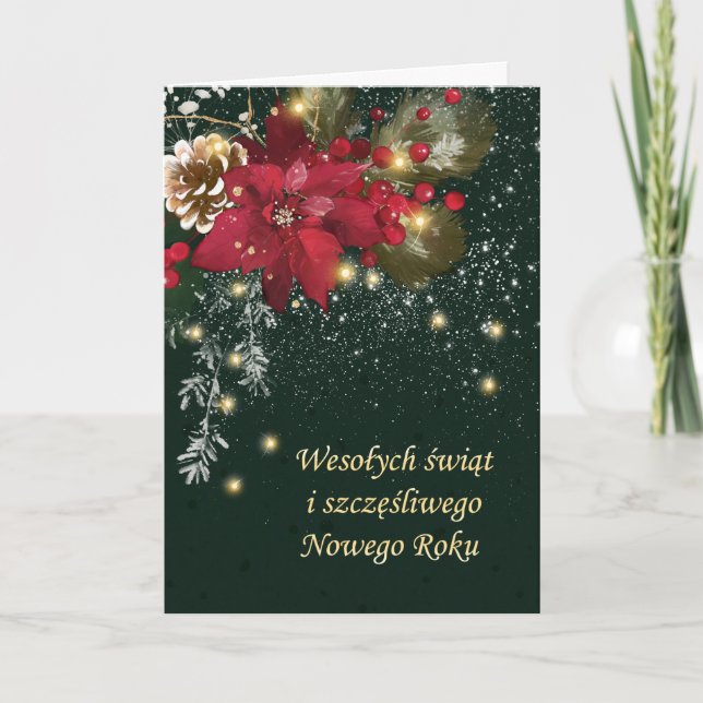 Cartes Pour Fêtes Annuelles Polonais Noël Poinsettia Pine Holly Garland Ho (Devant)