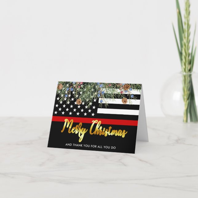 Cartes Pour Fêtes Annuelles Pompier Joyeux Noël Rouge Drapeau Merci (Devant)