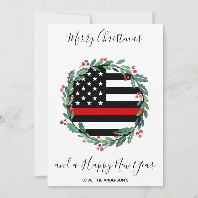 Cartes Pour Fêtes Annuelles Pompier Mince ligne rouge couronne de Noël (Devant)