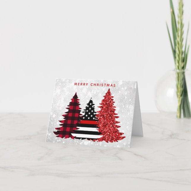 Cartes Pour Fêtes Annuelles Pompier Noël Arbre Rouge Ligne Parties scintillant (Devant)