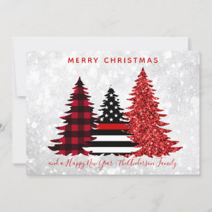 Cartes Pour Fêtes Annuelles Pompier Noël Red Line Plaid Parties scintillant Ar