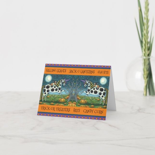 Cartes Pour Fêtes Annuelles PONEY TACHETÉ D'HALLOWEEN & CHAT CHAUVE-SOURIS Che (Devant)