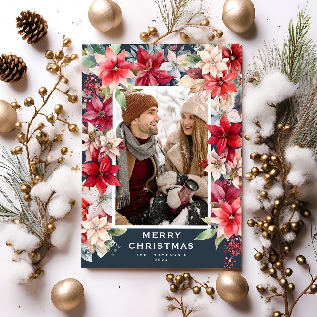 Cartes Pour Fêtes Annuelles Ponsietta Floral Joyeux Noël Photo (Créateur téléchargé)