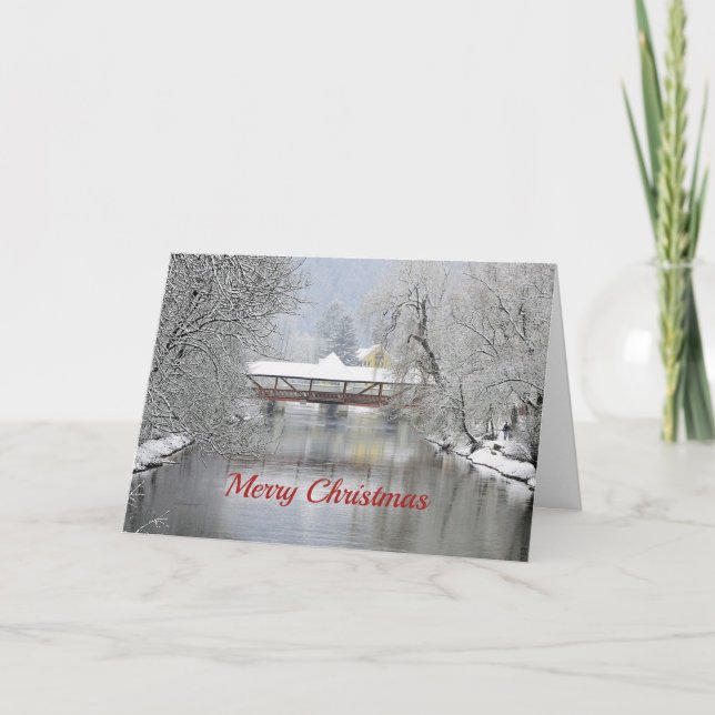 Cartes Pour Fêtes Annuelles Pont couvert photo de neige Noël (Devant)