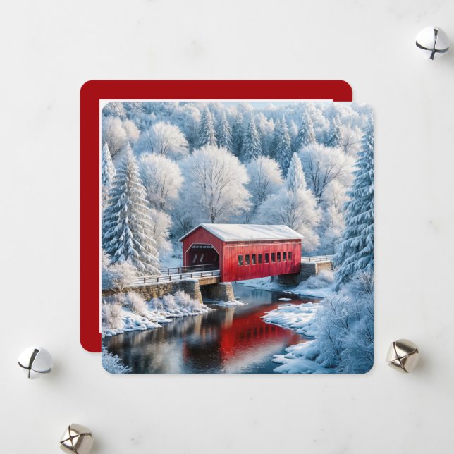 Cartes Pour Fêtes Annuelles Pont Rouge De Noël En Forêt D'Hiver (Devant/Arrière en situation)