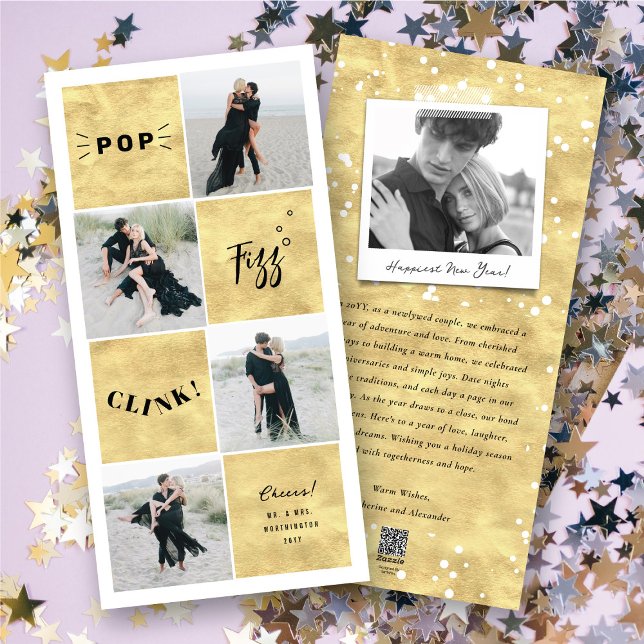 Cartes Pour Fêtes Annuelles Pop Fizz Clink Blocs du Nouvel An 4 Photo Collage (Pop Fizz Clink New Year Blocks 4 Photo Collage Holiday Card @ fat_fa_tin)
