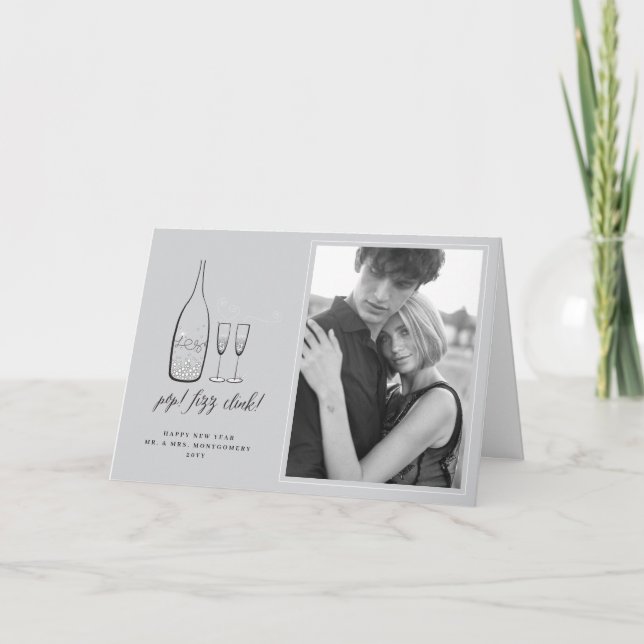 Cartes Pour Fêtes Annuelles Pop Fizz Clink Style Champagne Argent Chic Photo (Devant)