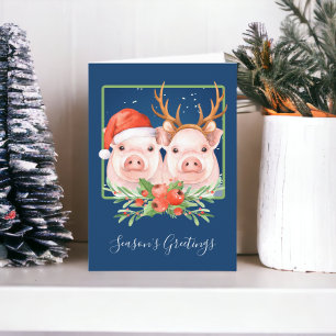 Cartes Pour Fêtes Annuelles Porcs Santa et Couple de Rennes de Noël