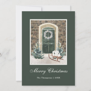Cartes Pour Fêtes Annuelles Porte de Noël neigeuse vert foncé