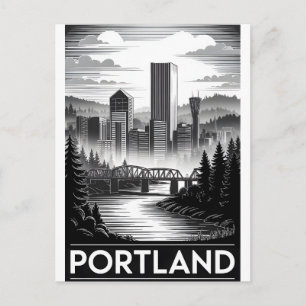 Cartes Pour Fêtes Annuelles Portland Oregon Skyline Noir Blanc Gravure sur Boi