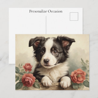 Cartes Pour Fêtes Annuelles Portrait de Chien Border Collie Vintage Mignon Ros