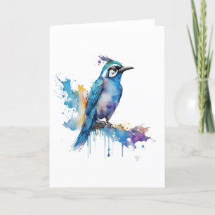 Cartes Pour Fêtes Annuelles Portrait d'oiseau bleu Jay en aquarelles et stylo