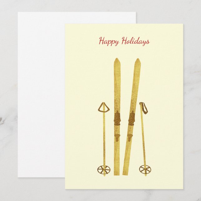 Cartes Pour Fêtes Annuelles Poteaux de ski en or | Crème d'illustration de ski (Devant / Derrière)