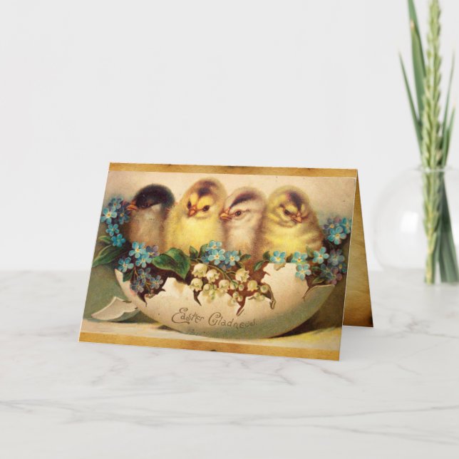 CARTES POUR FÊTES ANNUELLES POULET AVEC FLEURS EN PARCHEMENT D'OEUFS DE PÂQUES (Devant)