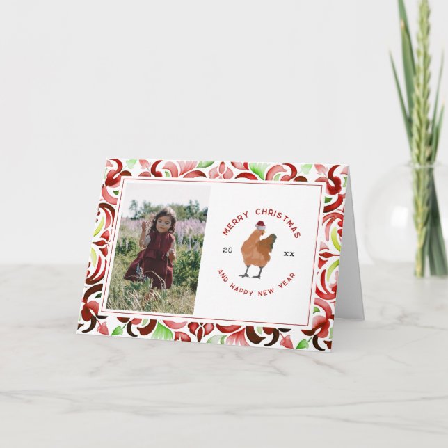 Cartes Pour Fêtes Annuelles Poulet rouge et vert aquarelle photo de Noël (Devant)