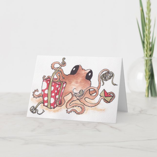 Cartes Pour Fêtes Annuelles Poulpe emballant des cadeaux (Devant)
