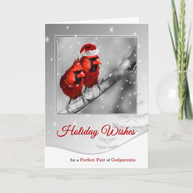 Cartes Pour Fêtes Annuelles pour Godparents paire de cardinaux rouges Noël (Devant)