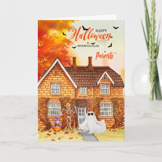 Cartes Pour Fêtes Annuelles pour Parents Maison d'automne avec Ghost Halloween (Devant)
