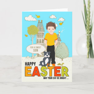 Cartes Pour Fêtes Annuelles pour un jeune fils caucasien garçon et chien Pâque