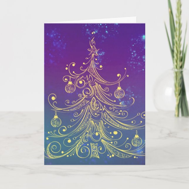 Cartes Pour Fêtes Annuelles Pourpre Teal de motif d'arbre de Noël d'or (Devant)