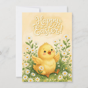 Cartes Pour Fêtes Annuelles Poussin de Pâques heureux entouré de marguerites