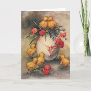 Cartes Pour Fêtes Annuelles Poussins de Pâques vintages, Oeufs aux fleurs de t