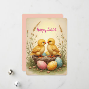 Cartes Pour Fêtes Annuelles Poussins mignons et œufs de Pâques colorés, nostal