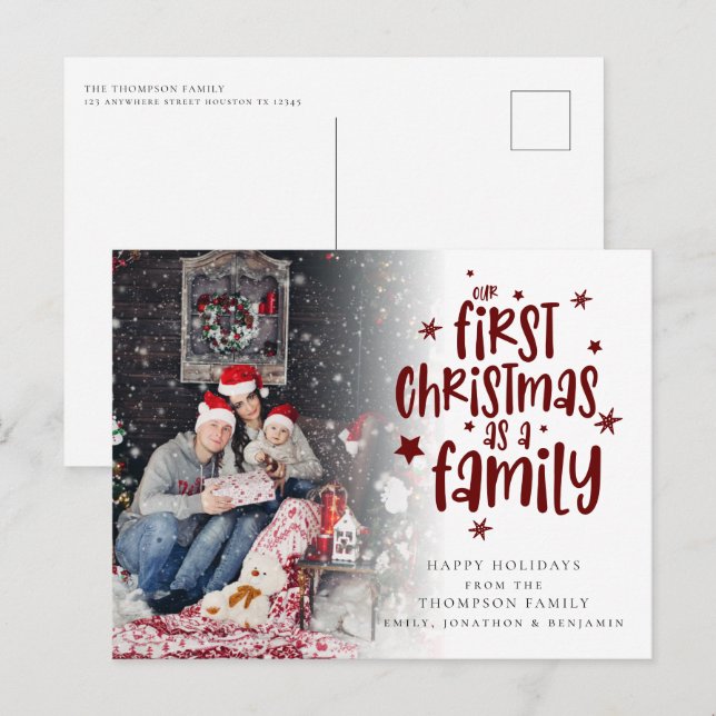 Cartes Pour Fêtes Annuelles Premier Noël en famille Photo Bourgogne Texte (Devant / Derrière)