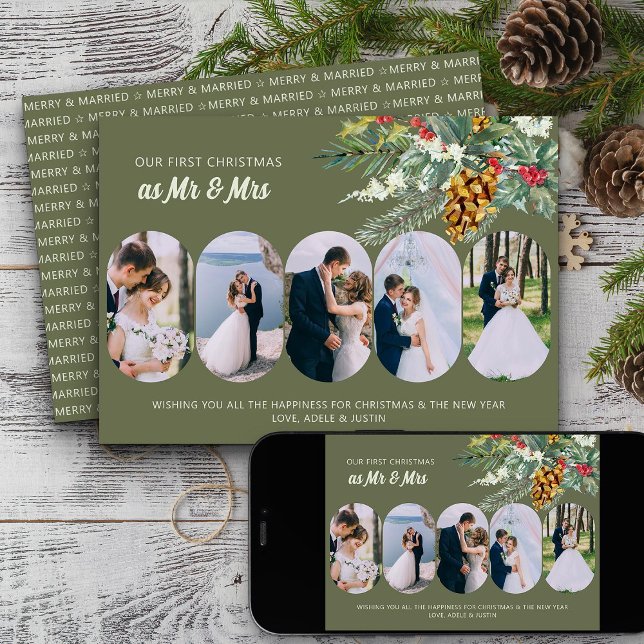 Cartes Pour Fêtes Annuelles Premier Noël Marié 5 Photo Holly et Pine (First Christmas Married Photo Holiday Card from Rounded Lozenge Photo Collage collection)