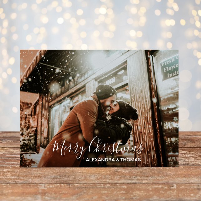 Cartes Pour Fêtes Annuelles Premier Noël Marié Engagé Blanc | PHOTO (First Christmas Married Engaged White  PHOTO Holiday Postcard)