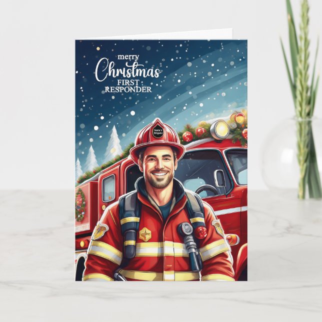 Cartes Pour Fêtes Annuelles Premier répondeur Homme pompier Noël (Devant)