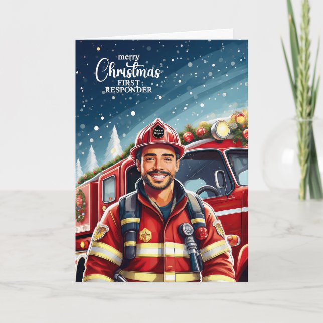 Cartes Pour Fêtes Annuelles Premier répondeur Latino Homme pompier Noël (Devant)