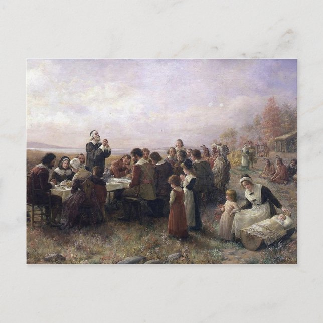 Cartes Pour Fêtes Annuelles Premier Thanksgiving à Plymouth par Brownscombe (Devant)
