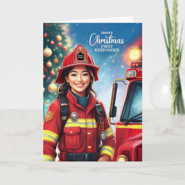Cartes Pour Fêtes Annuelles Première répondante Asiatique Femme Pompier Noël (Devant)