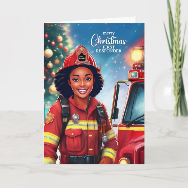 Cartes Pour Fêtes Annuelles Première répondante Black Femme Pompier Noël (Devant)
