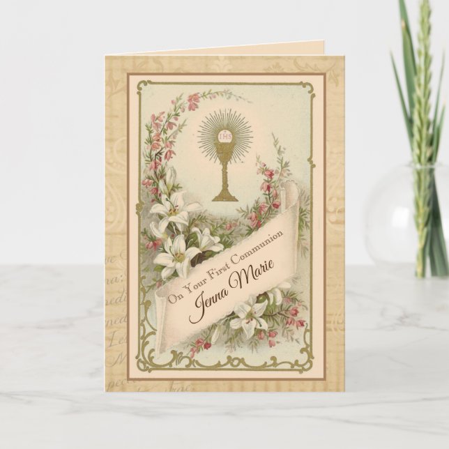 Cartes Pour Fêtes Annuelles Première Sainte Communion Hôte Chalice Roses Vinta (Devant)