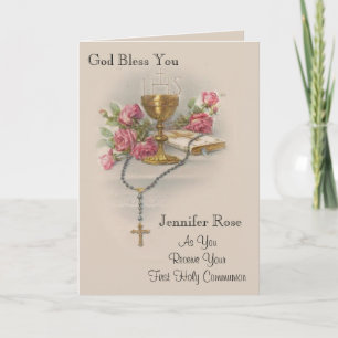 Cartes Pour Fêtes Annuelles Première Sainte Communion Rosaire Bible Rose