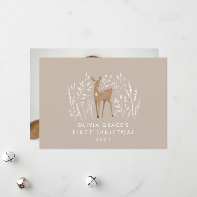 Cartes Pour Fêtes Annuelles Premiers rennes naturels de Noël délicat 1 photo (Devant/Arrière en situation)