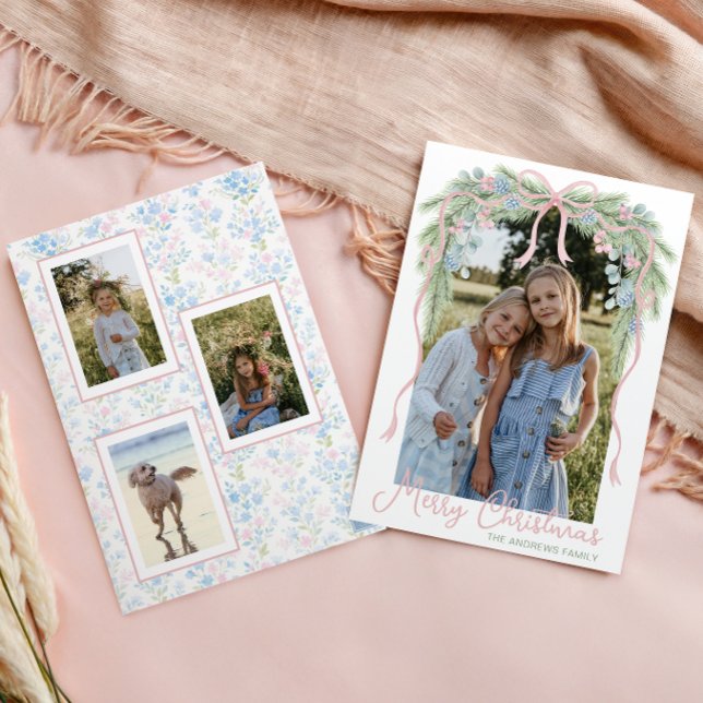 Cartes Pour Fêtes Annuelles Preppy Grandmillennial Christmas Bow Swag Photo (Créateur téléchargé)