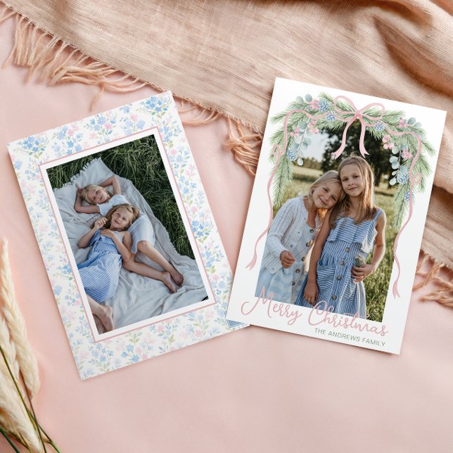 Cartes Pour Fêtes Annuelles Preppy Grandmillennial Christmas Bow Swag Photo (Créateur téléchargé)