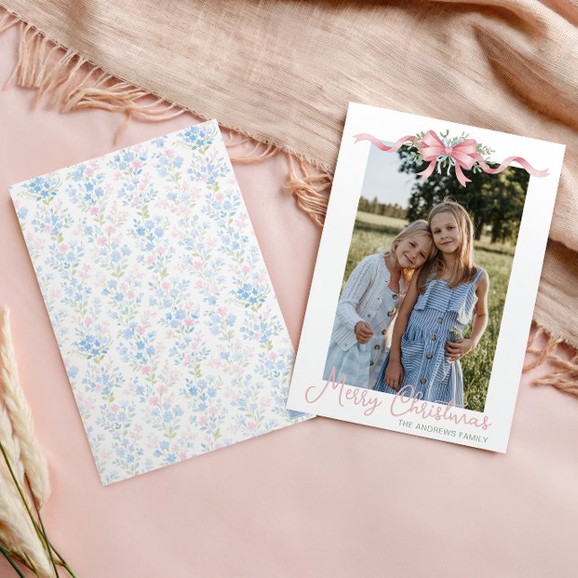 Cartes Pour Fêtes Annuelles Preppy Grandmillennial Christmas Bow Swag Photo (Créateur téléchargé)