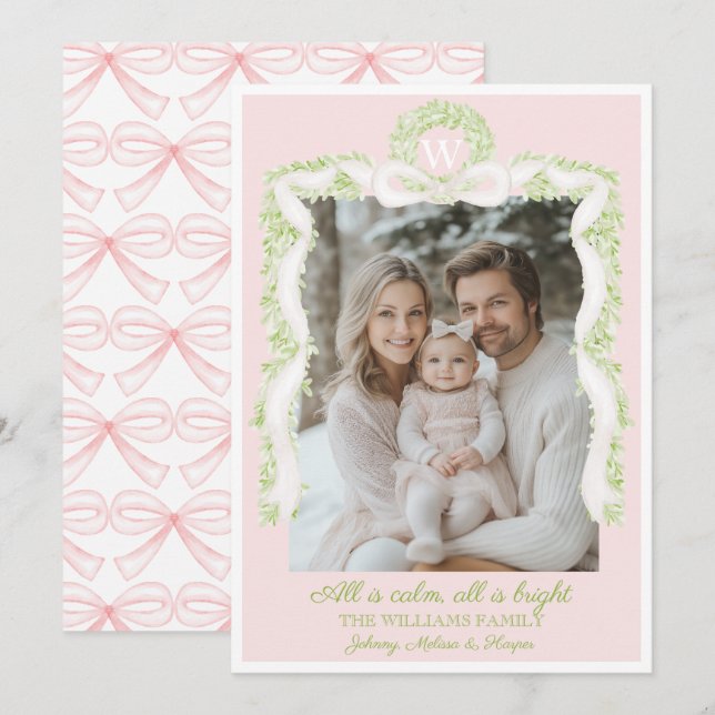 Cartes Pour Fêtes Annuelles Préppy Grandmillennial Pink Bows Ribbon Garland (Devant / Derrière)
