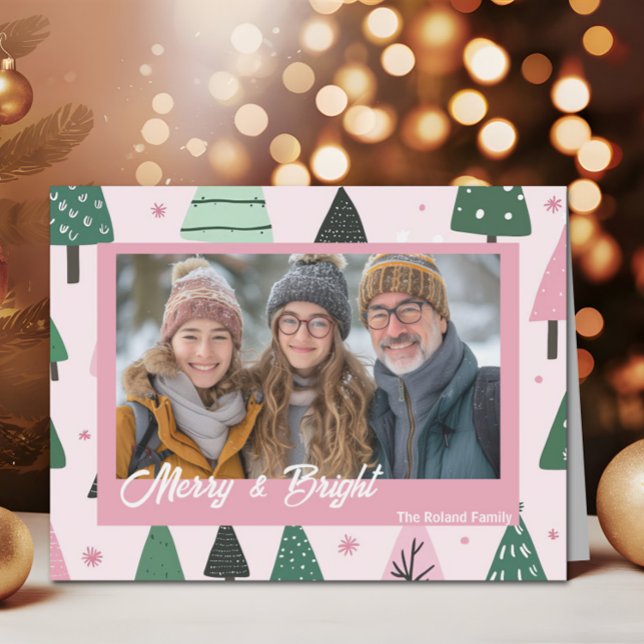 Cartes Pour Fêtes Annuelles Preppy Pink Christmas Tree photo de vacances (Pink and Green Christmas Tree Folded Holiday Photo)