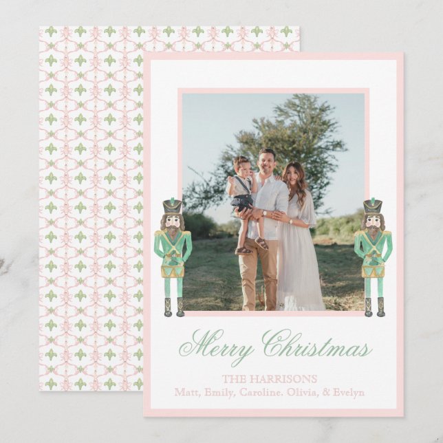 Cartes Pour Fêtes Annuelles Preppy Pink Green Christmas Nutcracker 2 Photos  (Devant / Derrière)