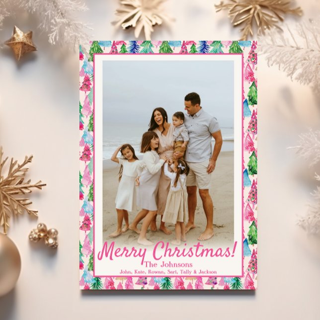 Cartes Pour Fêtes Annuelles Preppy Pink & Green Christmas Tree Photo personnal (Créateur téléchargé)