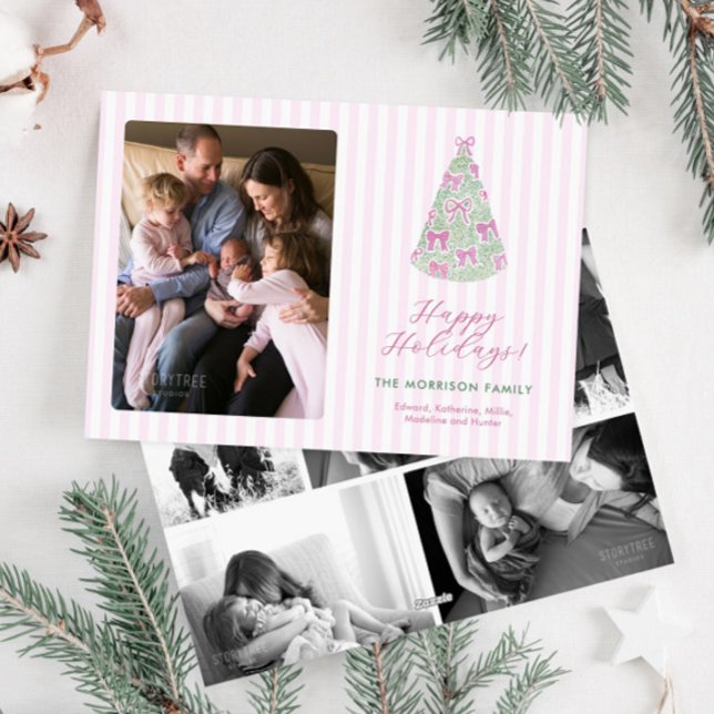 Cartes Pour Fêtes Annuelles Preppy Plum Hand-Drawn Bows Christmas Tree Photo (Pretty pink and plum photo holidays card with whimsical bows and preppy stripes)