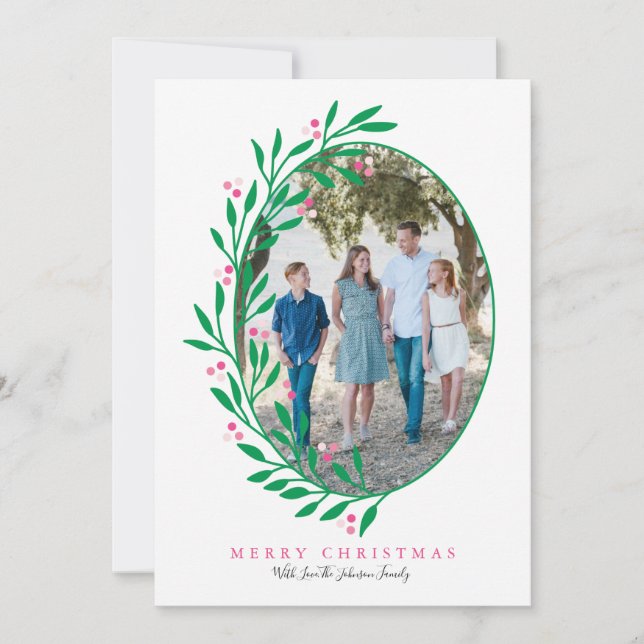 Cartes Pour Fêtes Annuelles Preppy rose ovale Noël Wreath Holiday Photo (Devant)