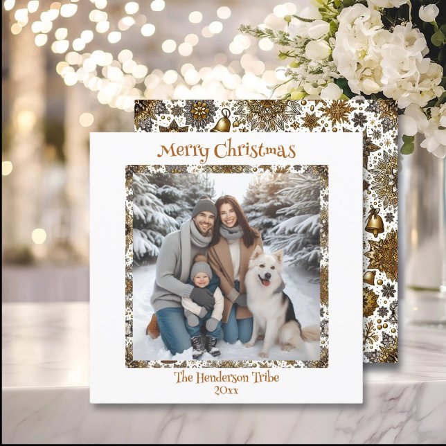 Cartes Pour Fêtes Annuelles Pretty Gold Snowflakes Famille Photo Noël (Créateur téléchargé)